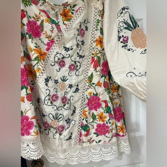 NWT Farm Rio Toucan's Garden Floral Embroidery One-Shoulder Linen Blend Dress - Picture 14 of 14